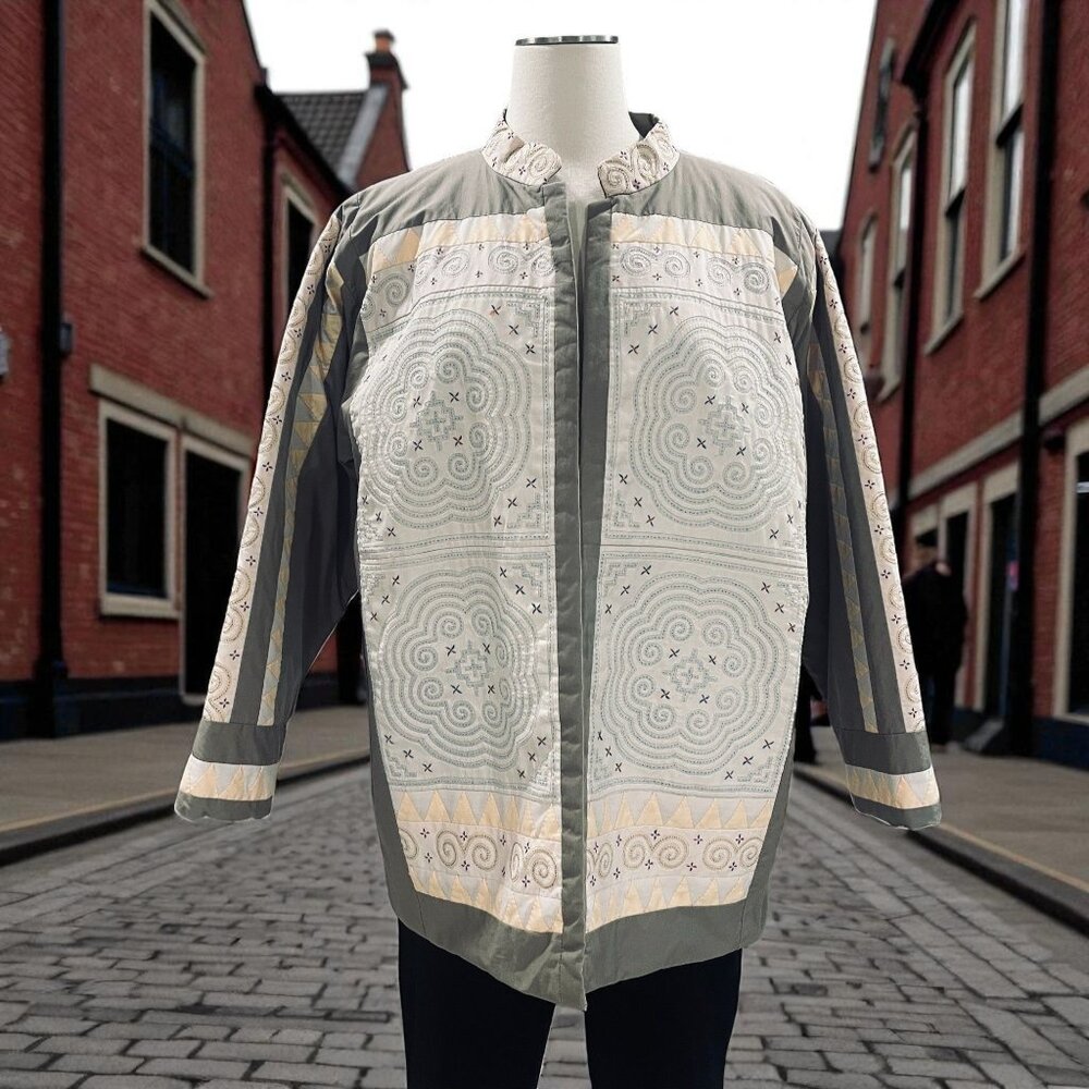 Handmade‎ Embroidered Quilted Jacket Boho Folk Art Vintage Ethnic M L Open Front
